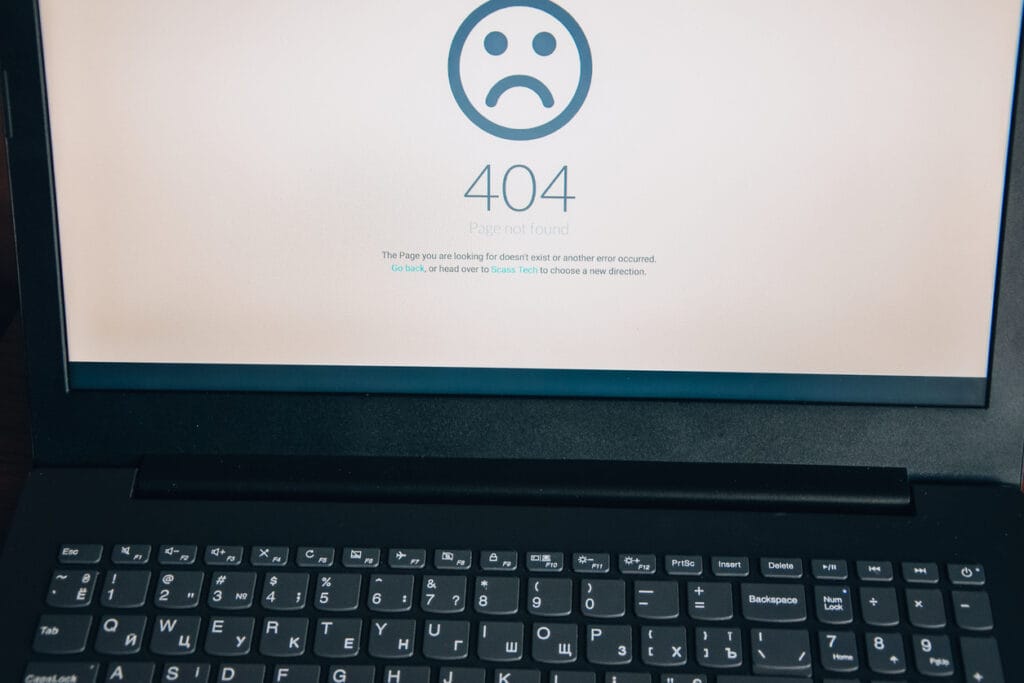 Computer screen showing a 404 Page Not Found error