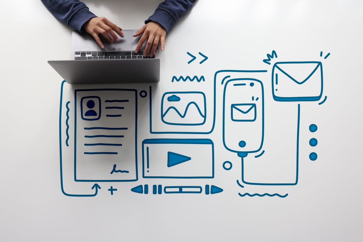 Streamlining content workflow: A woman is working to create digital content on her laptop with line icons