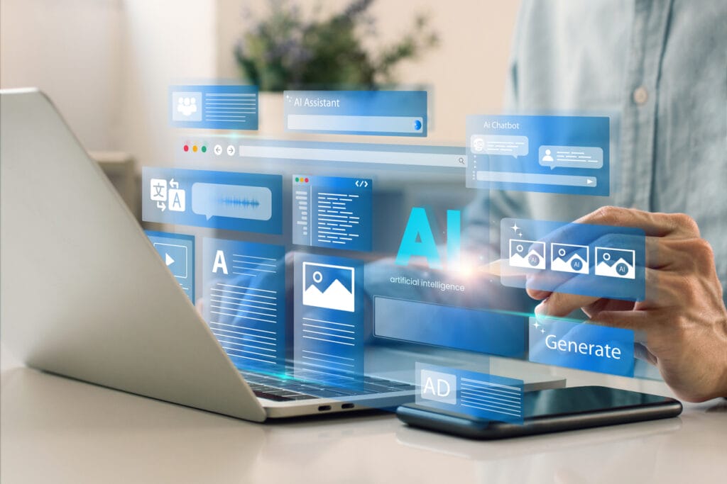 AI + WordPress: Man typing on a laptop with overlay of AI functions like AI assistant, chatbot, generate images, write code, writer bot, translate, and advertising.
