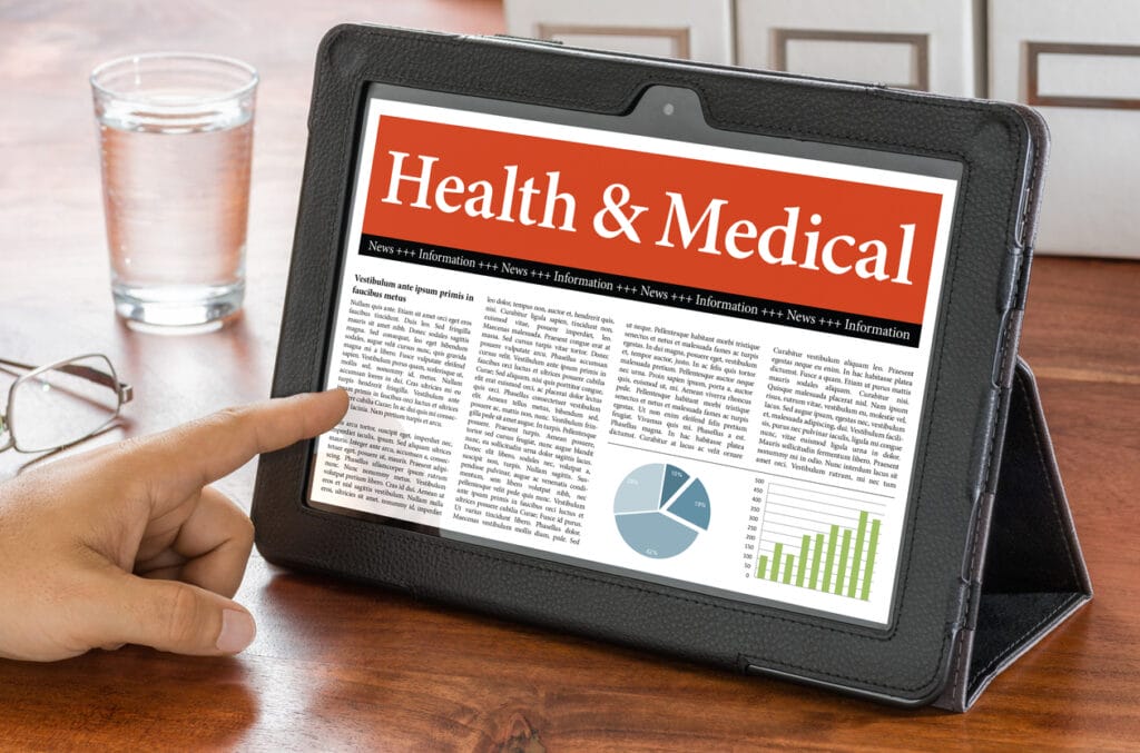 Health and wellness content: A digital tablet on a desk featuring Health and Medical content
