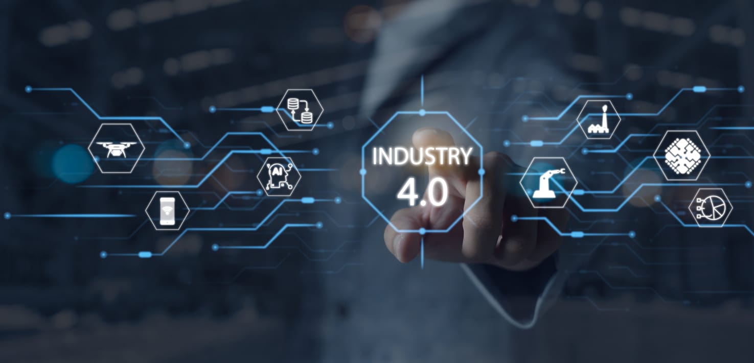Web-platforms-for-manufacturers: Industry 4.0 automation and business concept with finger pointing in the background