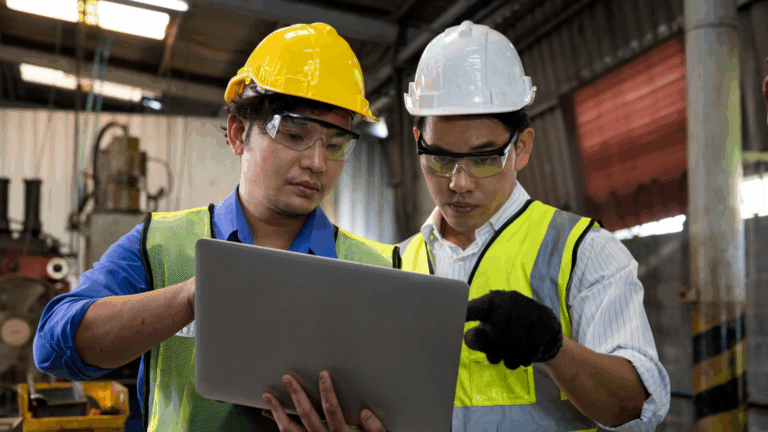 Two manufacturing company workers reviewing a tablet