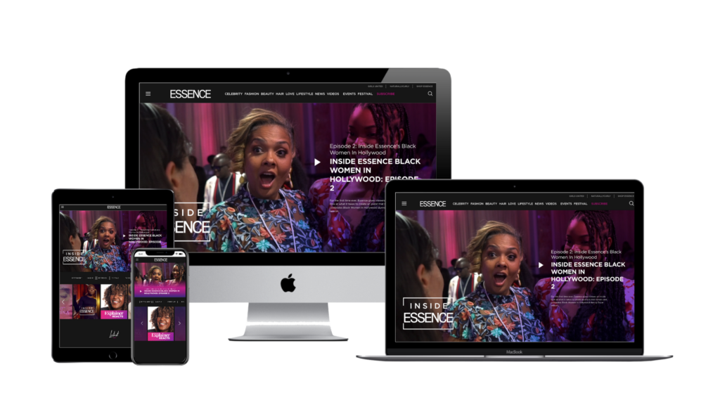 Screenshots showing the Essence.com homepage redesign.