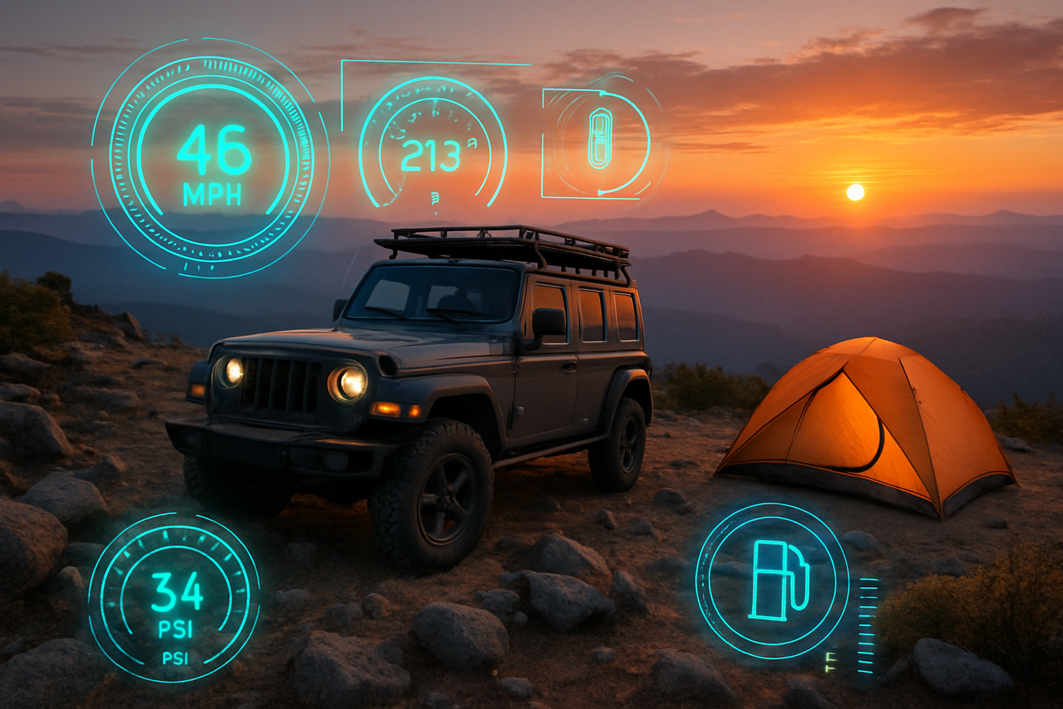 SUV at a campsite with some performance number graphs
