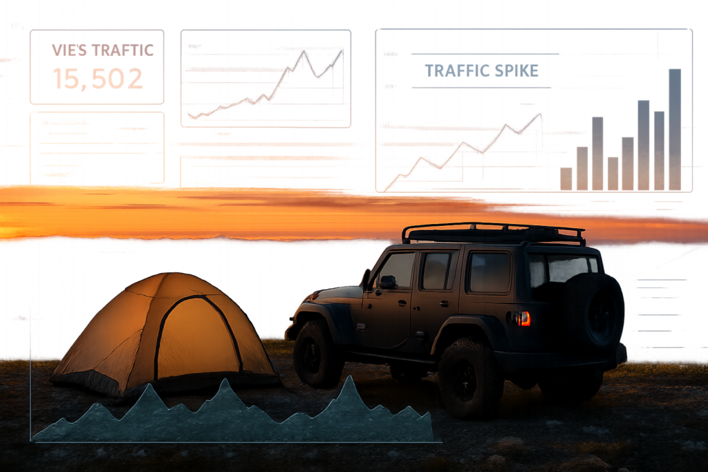 SUV next to a tent with graphs showing performance spikes overlaying it.