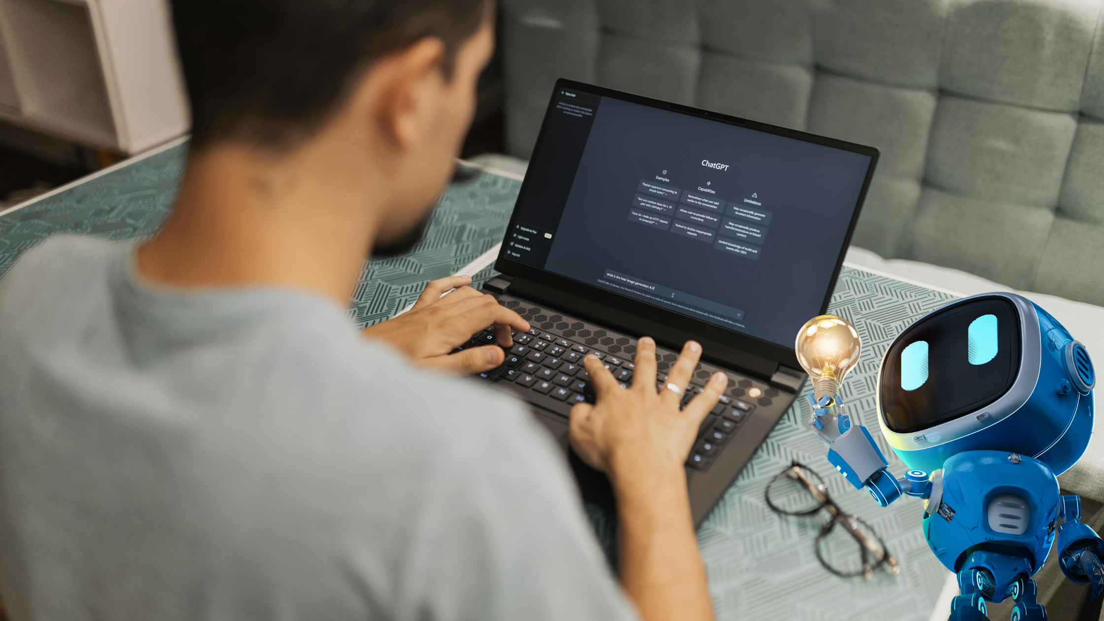Person typing on a laptop with an AI robot watching