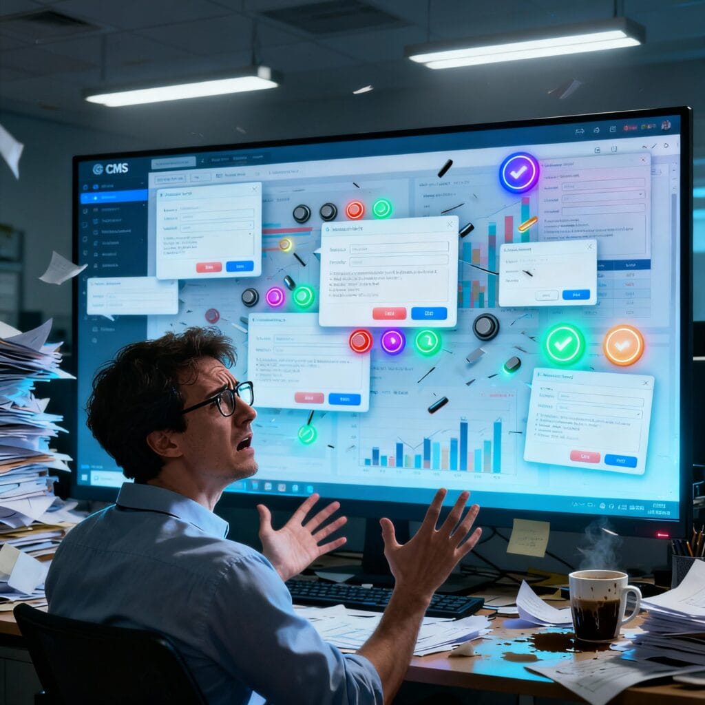 Person sitting in front of a screen with a confusing CMS admin.