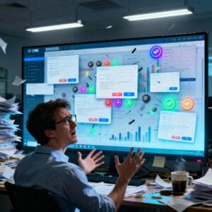 Person sitting in front of a screen with a confusing CMS admin.