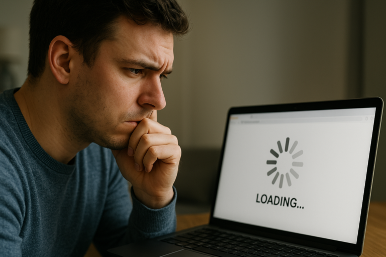 Person watching a laptop screen as a website loads really slowly.