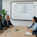 Photorealistic image of a diverse team of marketing professionals in a modern conference room, viewing a large presentation screen showing a complex platform architecture diagram with interconnected tools, workflows, and systems.