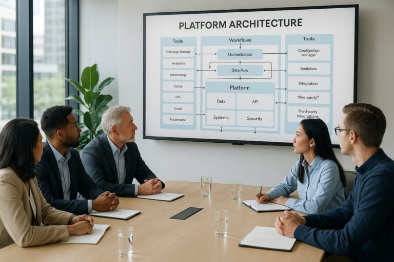 Photorealistic image of a diverse team of marketing professionals in a modern conference room, viewing a large presentation screen showing a complex platform architecture diagram with interconnected tools, workflows, and systems.