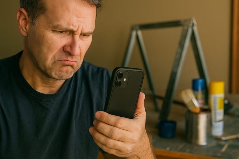 Confused man trying to find paint stands online with his phone.