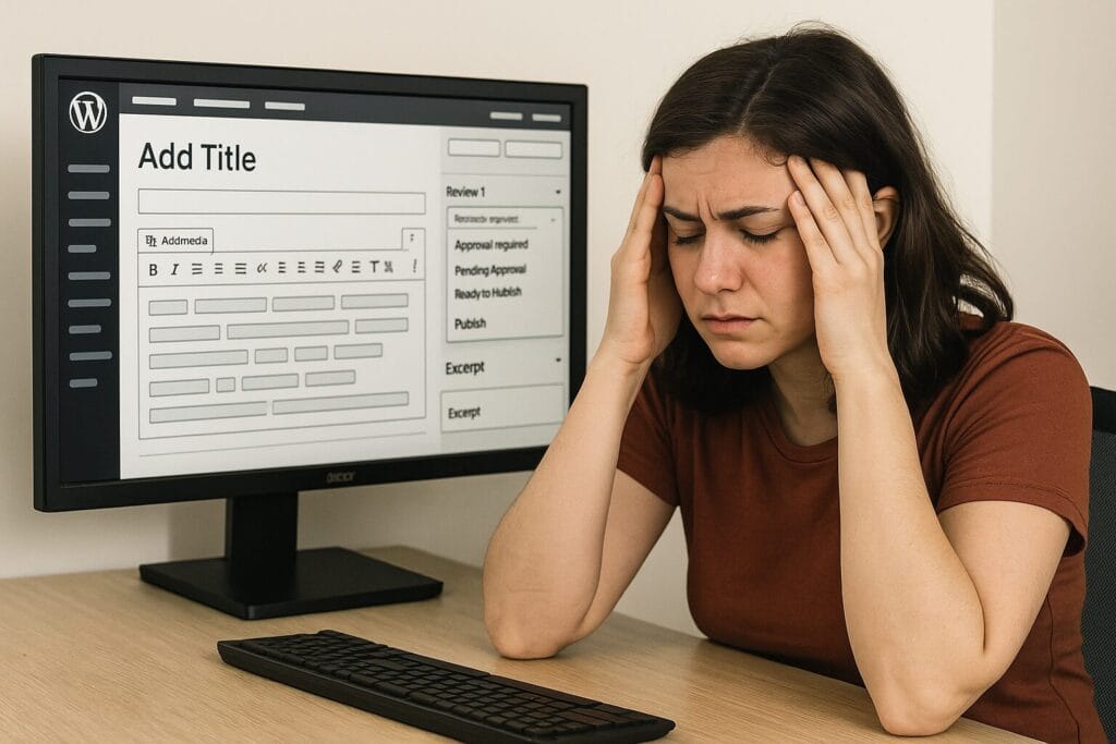 Frustrated woman in front of a computer monitor showing approval steps.
