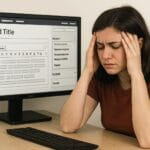 Frustrated woman in front of a computer monitor showing approval steps.