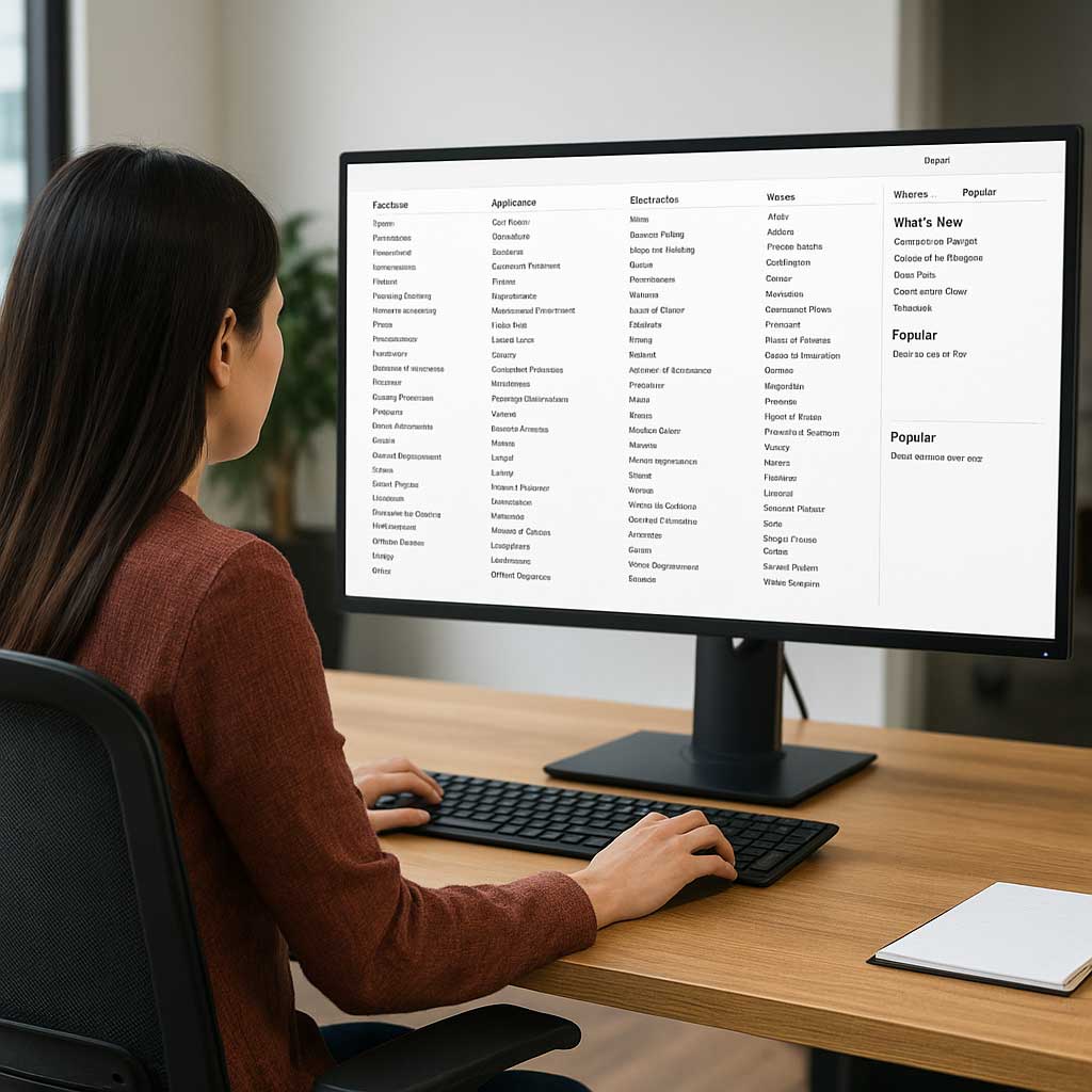 Woman at a desk showing a complicated website navigation on a monitor.